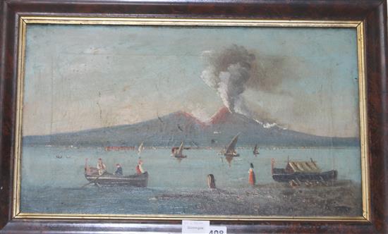 19th century Italian School, oil on canvas, View of the Bay of Naples with Vesuvius erupting, 29 x 50cm